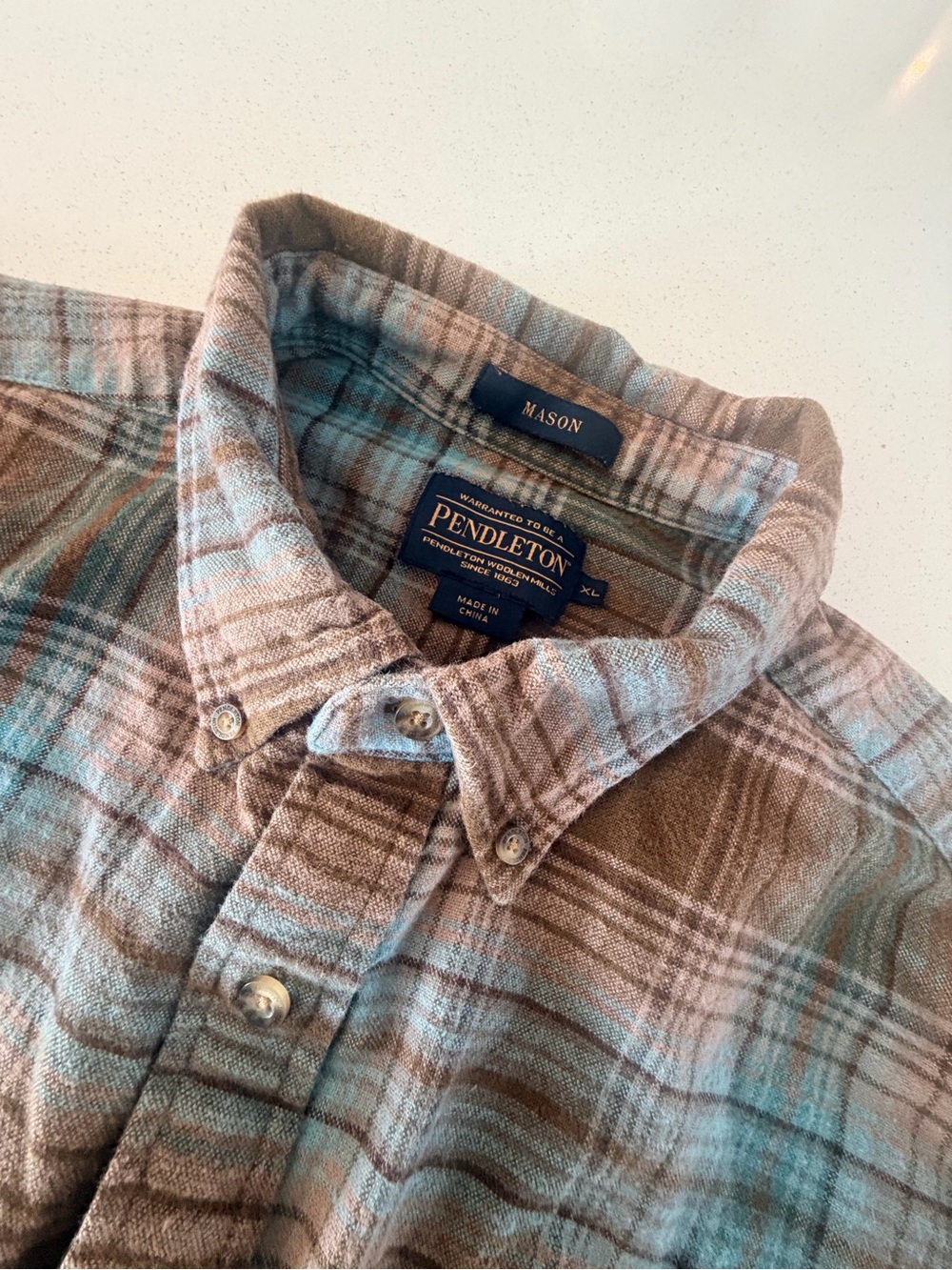 Pendleton Mason Plaid Button-Down Shirt in Brown and Light Blue